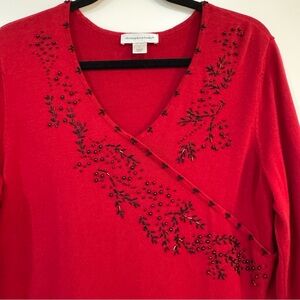 Christopher & Banks Red V-Neck Knit Sweater with Black Bead Detailing Sz Large